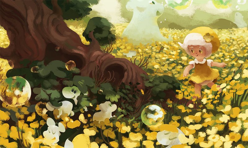 Illustration of a small girl walking through a yellow buttercup field. The field has gigantic and small creatures blowing bubbles in the air