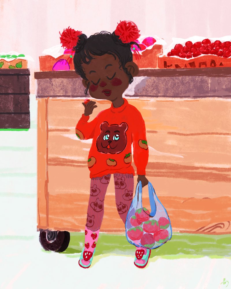 Illustration of a black girl eating cherry