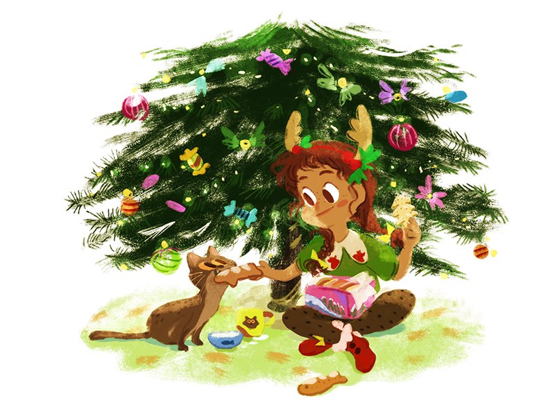 Illustration of a girl being nice to her cat on christmas