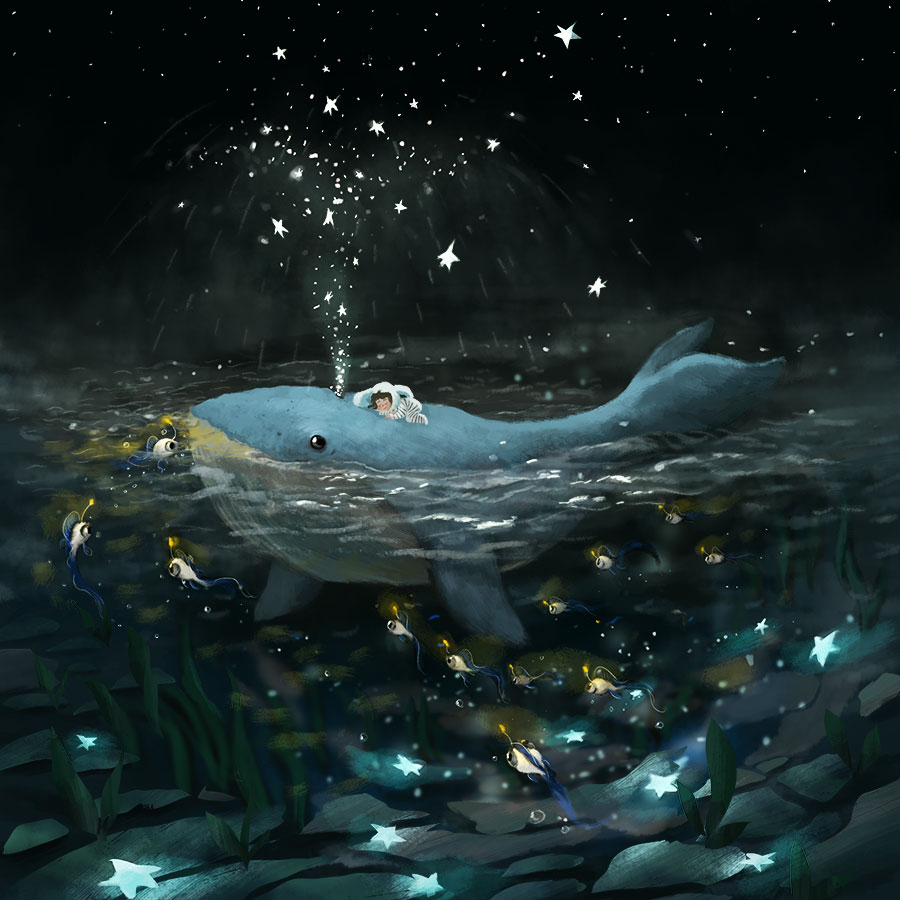 Illustration of a little girl sleeping on a whale, the whale is blowing stars to the night sky, they are surrounded by fishes with light and glowing starfishes