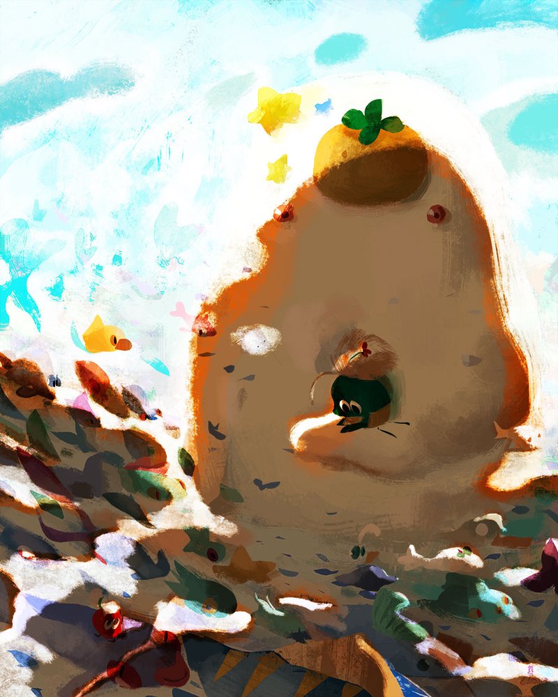 Illustration of two characters having fun on the bed of clouds surrounded by flying fishes