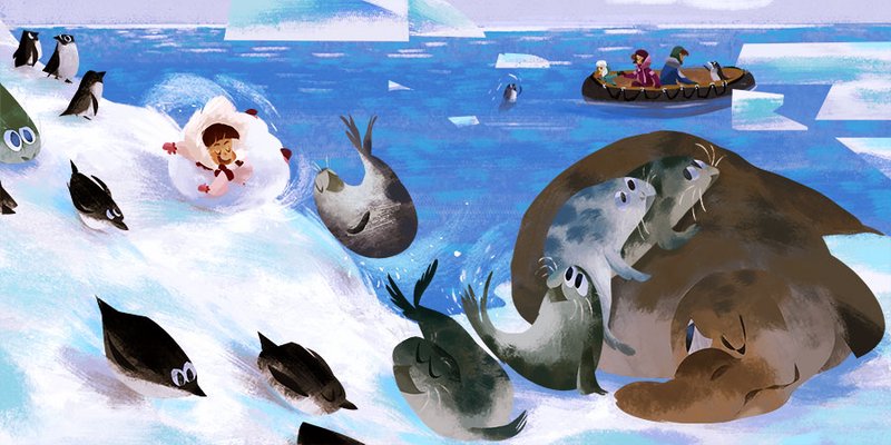 Illustration of a girl having fun with her arctic friends