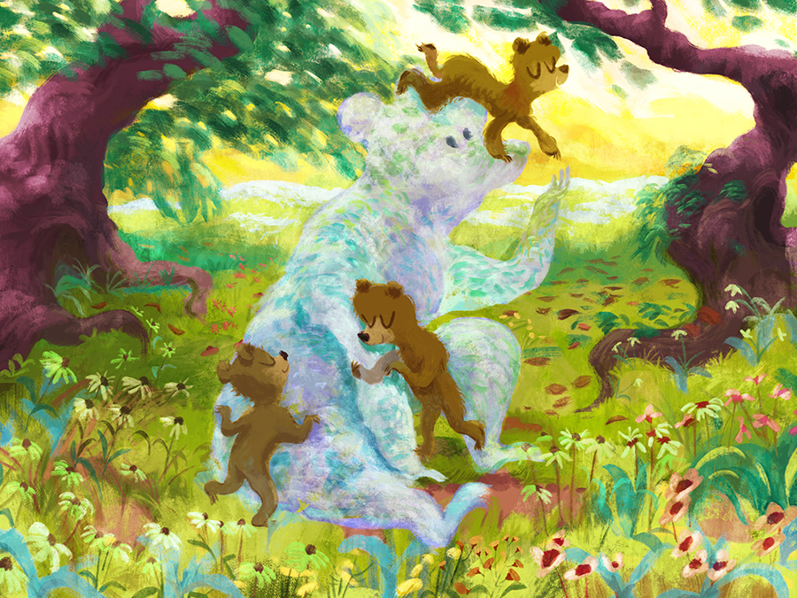 Illustration of bear cubs hugging a mama bear statue