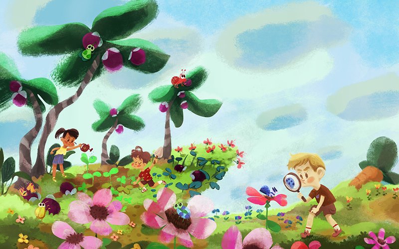 Illustration of children growing and sharing with nature