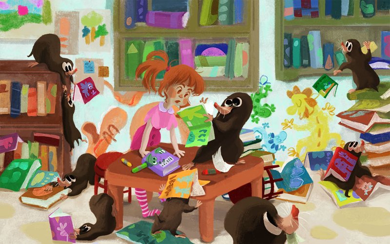 Illustration of a girl and a room full of moles