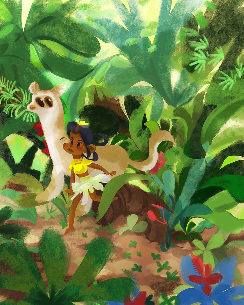 Illustration of a girl and her big cat in the jungle