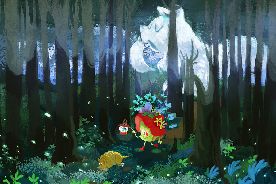 Illustration of a character walking her armadillo in the night