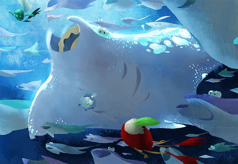 Illustration of the characters swim with fishes in the blue ocean