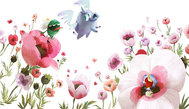 Illustration of characters and poppy flowers