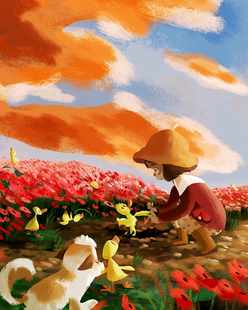 Illustration of a girl, her dog and some ducklings at poppies field