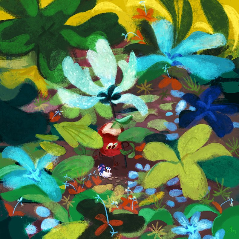 Illustration of a bean character holding a flower in the field