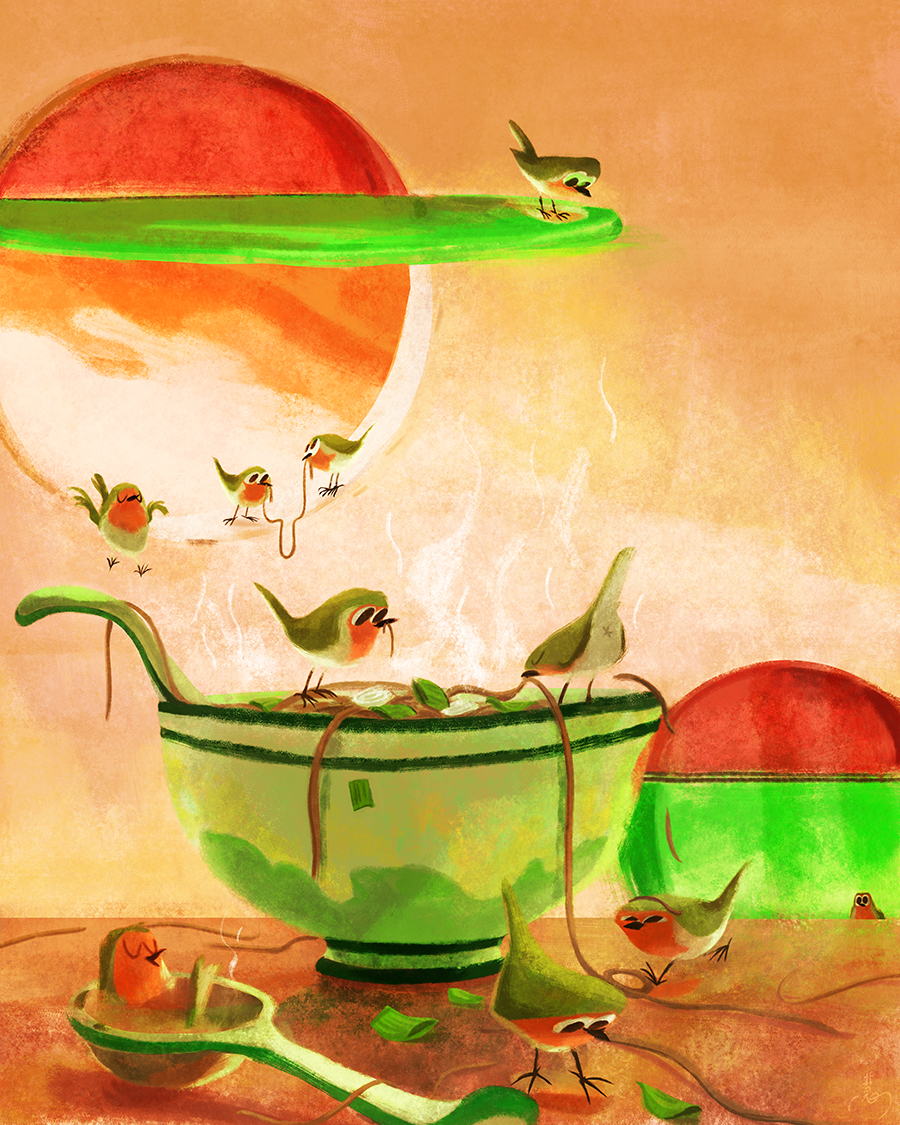 Illustrations of Robins having fun with a bowl of noodle