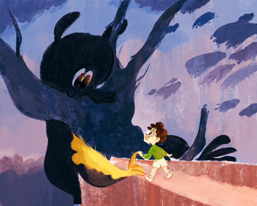 Illustration of a boy met a shadow monster