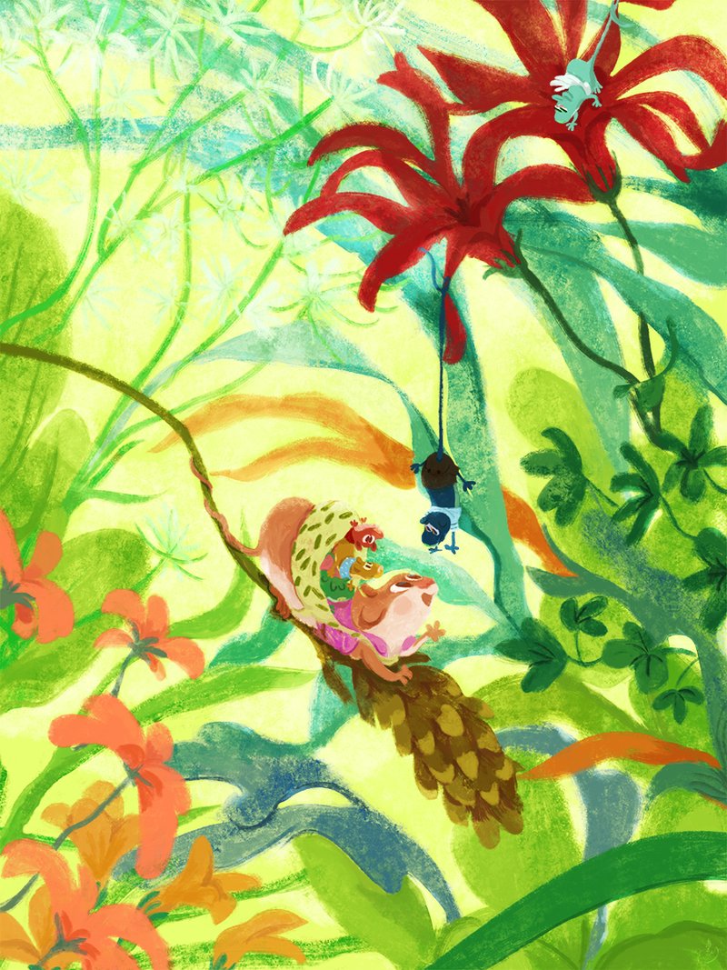 Illustration of a brown mouse mom trying to catch her child from falling