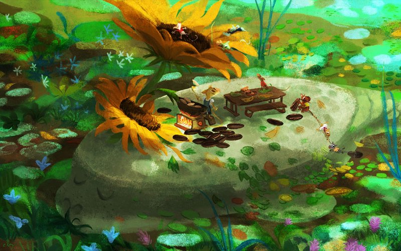 Illustration of a mouse family having their picnic on a manatee