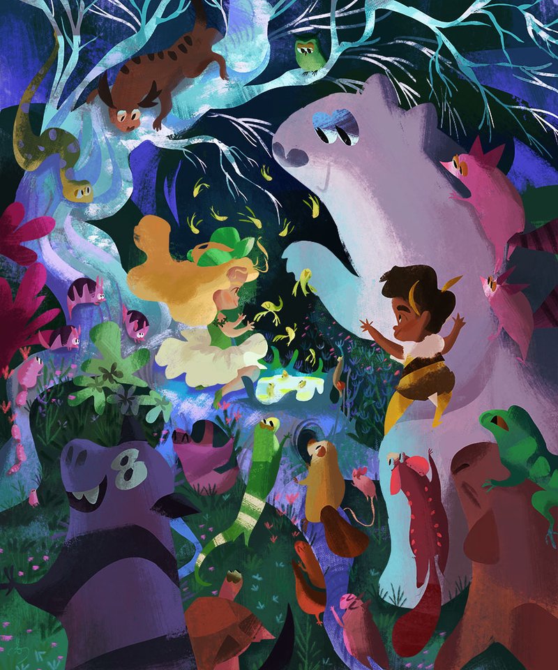 Illustration of two children and creatures welcoming new life from a tree