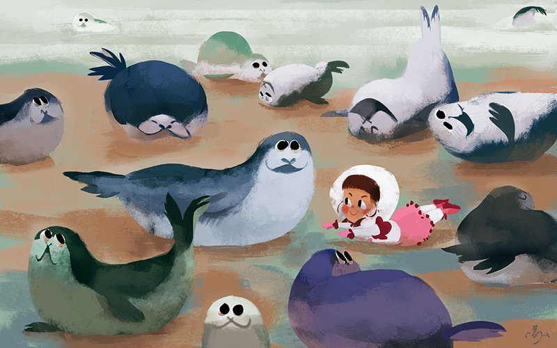 Illustration of a girl doing yoga with seals